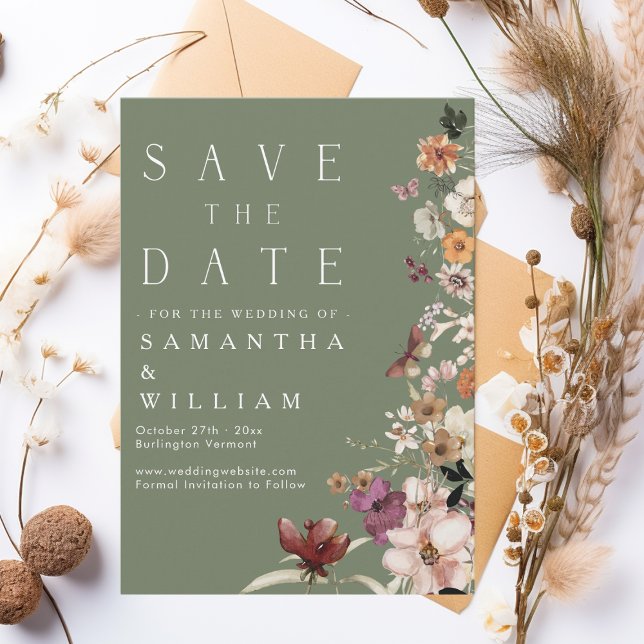 Invitation Boho Fleur sauvage Rustic Sage Green Enregistrer L (Créateur téléchargé)