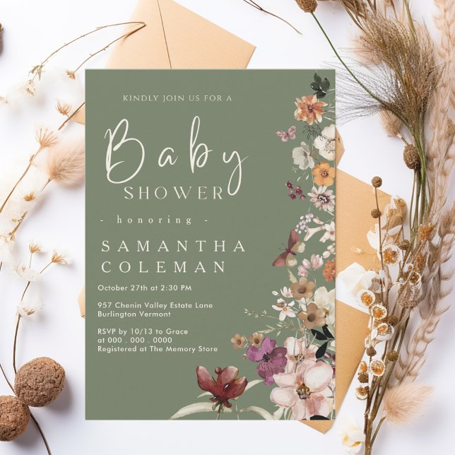 Invitation Boho Fleur sauvage Rustique Sage Baby shower vert (Créateur téléchargé)