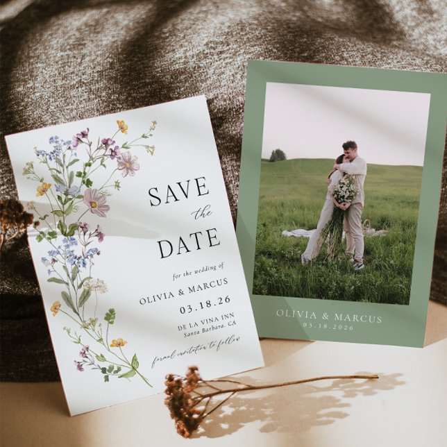 Invitation Boho Fleur sauvage Whimsical Enregistrer La Date I (Front/Back)