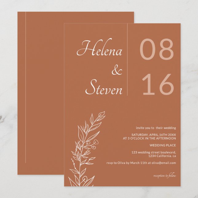 Invitation Boho fleuris en gras noms chic mariage en terre cu (Devant / Derrière)