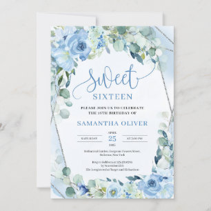 Invitation Boho fleurs bleu clair eucalyptus sweet sixteen