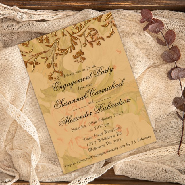 Invitation Boho Fleurs défraîchies et Fiançailles d'or décora (Créateur téléchargé)