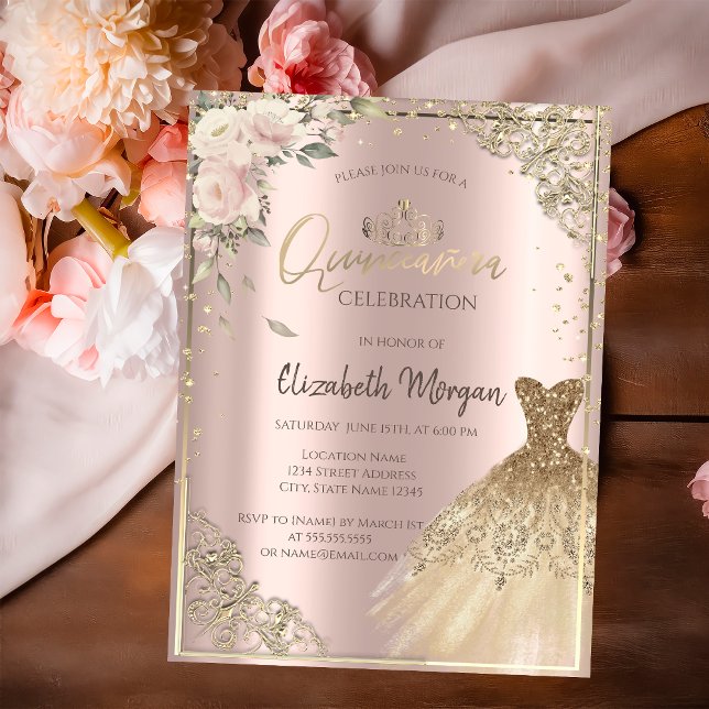 Invitation Boho Fleurs, Diamants Robe Rose Or Quinceañera (Créateur téléchargé)
