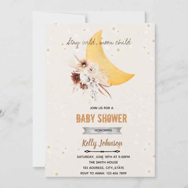 Invitation Boho fleurs douche reste sauvage enfant lune  (Devant)