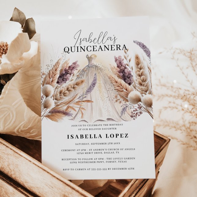 Invitation Boho Fleurs & Glitterie Princesse Robe Quinceanera (Créateur téléchargé)