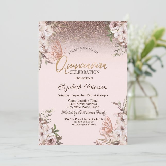 Invitation Boho Fleurs Parties scintillant Papillons Quinceañ (Debout devant)