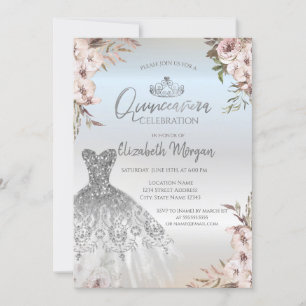 Invitation Boho Fleurs robe argent Quinceanera