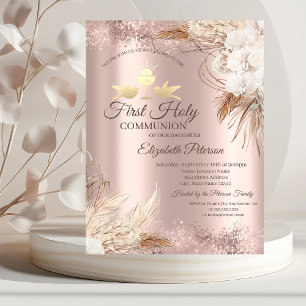 Invitation Boho Fleurs Rose Gold Première Sainte Communion
