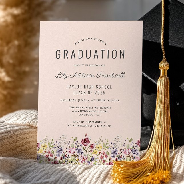 Invitation Boho Fleurs sauvages Blush Pink Graduation Party (Créateur téléchargé)