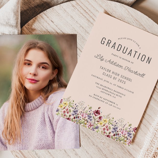 Invitation Boho Fleurs sauvages Blush Pink Photo Graduation (Créateur téléchargé)