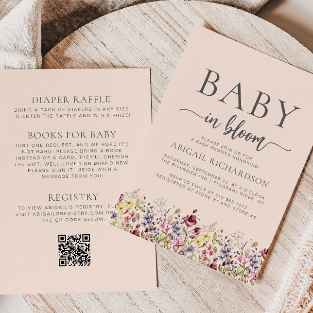 Invitation Boho Fleurs sauvages Blush QR Code Baby shower (Créateur téléchargé)
