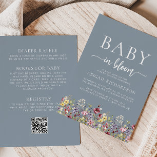 Invitation Boho Fleurs sauvages Dusty Blue QR Code Baby showe