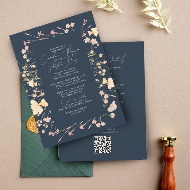 Invitation Boho Fleurs sauvages Frame Navy RSVP QR Code Maria (Créateur téléchargé)