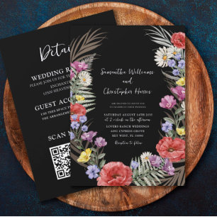 Invitation Boho Fleurs sauvages Noir Tout en un Mariage