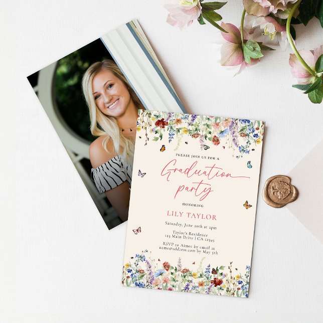 Invitation Boho Fleurs sauvages papillons 2025 Graduation Pho (Créateur téléchargé)