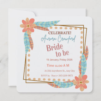 Invitation Boho Floral and Feather Square Bridal Shower Invit