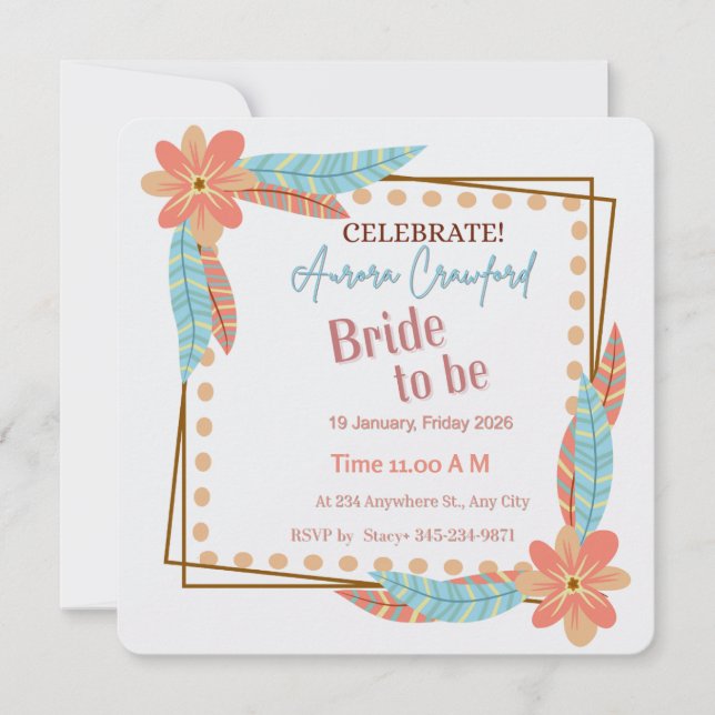 Invitation Boho Floral and Feather Square Bridal Shower Invit (Devant)