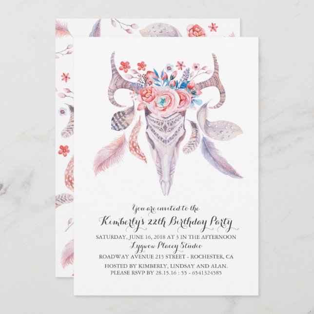Invitation Boho Floral Aquarelle Crâne fête d'anniversaire (Devant / Derrière)