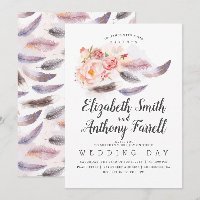 Invitation Boho Floral Aquarelle Plumes Mariage (Devant / Derrière)
