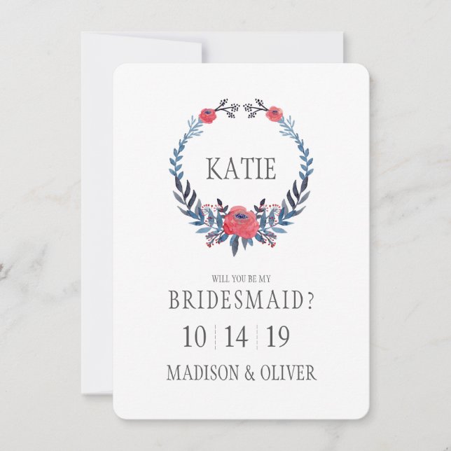 Invitation Boho Floral Aquarelle Roses rouges | Bridesmaid (Devant)