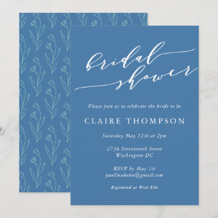 Invitation Boho Floral Art Blue Script Fête des mariées