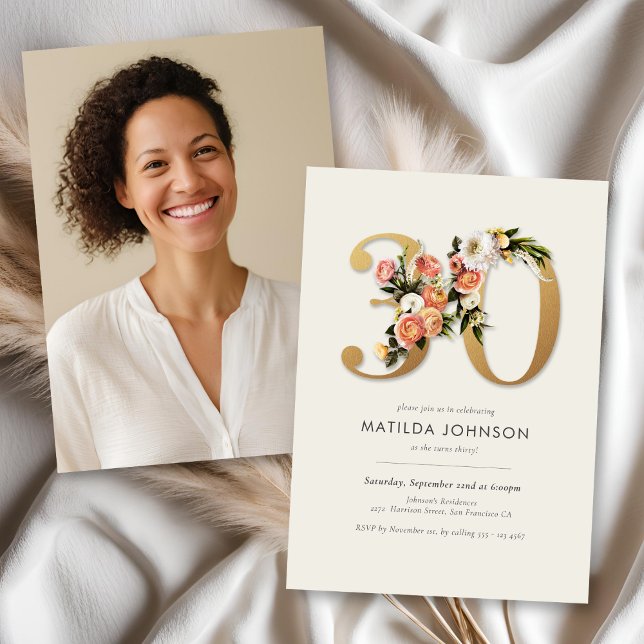 Invitation Boho Floral avec photo 30e anniversaire (Boho Floral with Photo 30th Birthday Invitation)