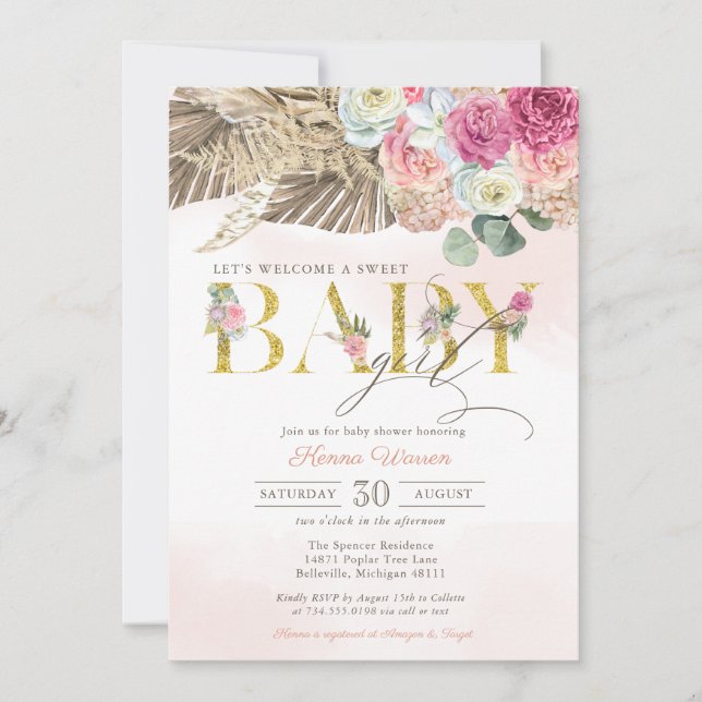 Invitation Boho Floral BABY Pampas & Palm Girl Baby shower da (Devant)