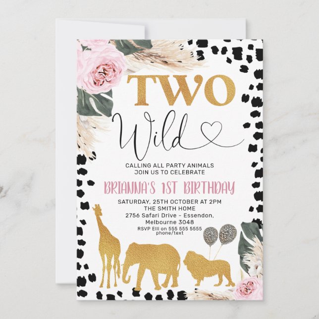 Invitation Boho Floral Black Print Safari Deux Wild Birthday (Devant)