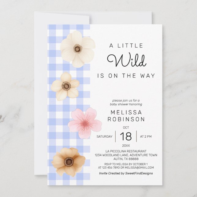 Invitation Boho Floral Blossom Bleu En vichy bébé garçon douc (Devant)