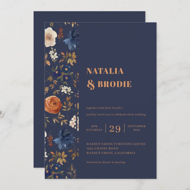 Invitation Boho Floral Blue Rust Mariage (Devant / Derrière)
