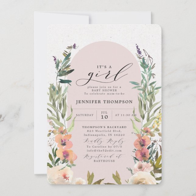 Invitation Boho Floral Blush C'est un Baby shower féminin (Devant)