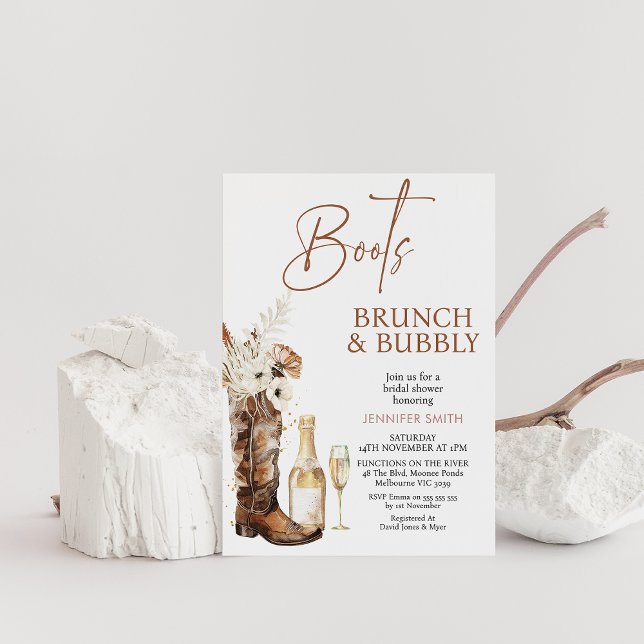 Invitation Boho Floral Boots Brunch Bubbly Fête des mariées (Floral Cowgirl Boots Brunch and Bubbly Bridal Shower Invitation, Champagne Glass and Bottle, Wedding)