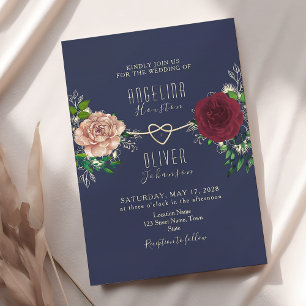 Invitation Boho Floral Bourgogne Marine Mariage bleu