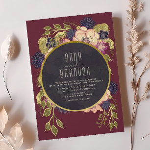 Invitation Boho Floral Bourgogne Marine Mariage bleu