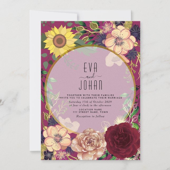 Invitation Boho Floral Bourgogne rose Mariage (Devant)