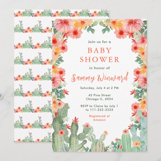 Invitation Boho Floral Cactus Baby Shower (Devant / Derrière)