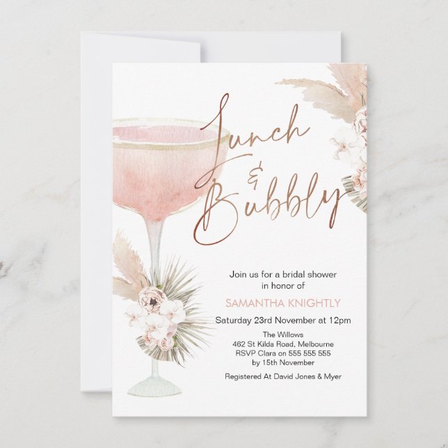 Invitation Boho Floral Champagne Lunch Fête des mariées Bubbl (Devant)