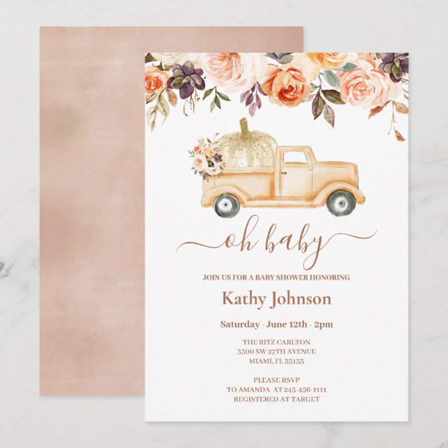 Invitation Boho Floral Citrouille Pickup Baby shower camion  (Devant / Derrière)