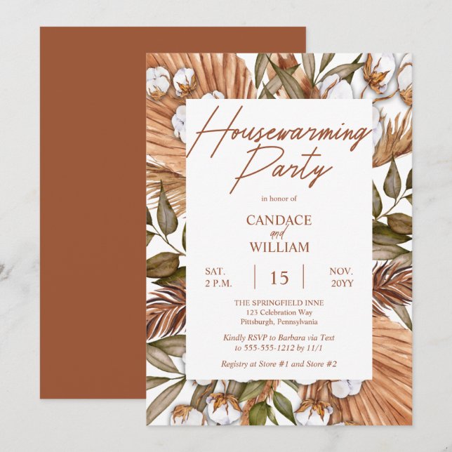 Invitation Boho Floral Coton | Grasses Fête de réchauffement  (Devant / Derrière)