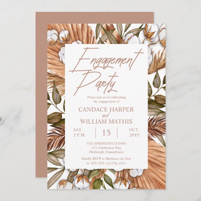 Invitation Boho Floral Coton |Partie d'engagement Grasses séc (Devant / Derrière)