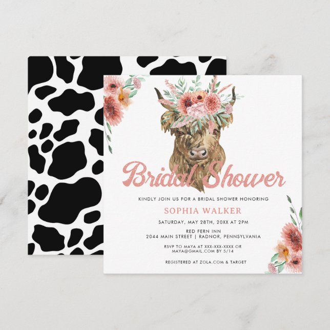 Invitation Boho Floral Cow Imprimer Fête des mariées de l'Oue (Devant / Derrière)