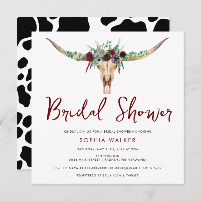Invitation Boho Floral Cow Imprimer Fête des mariées de l'Oue (Devant / Derrière)