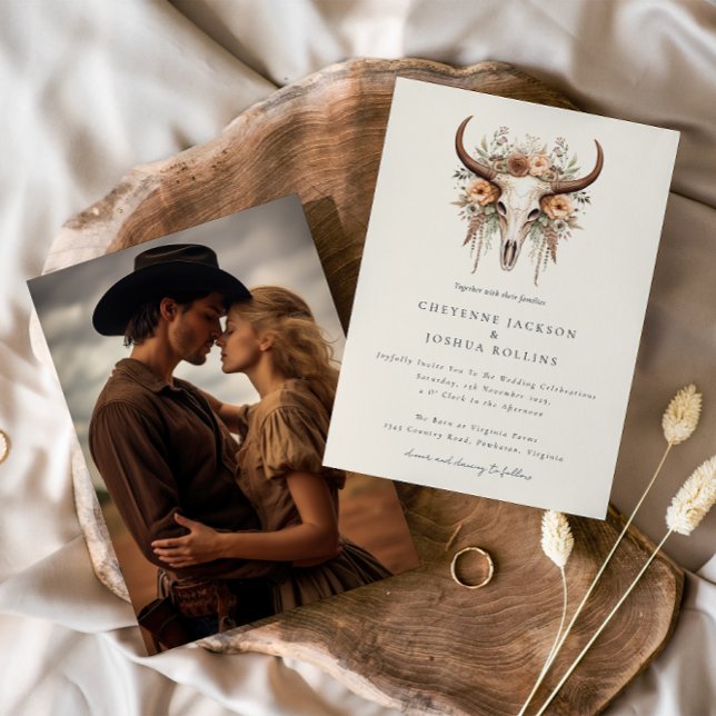 Invitation Boho Floral Cow Skull Western Photo Mariage (Créateur téléchargé)