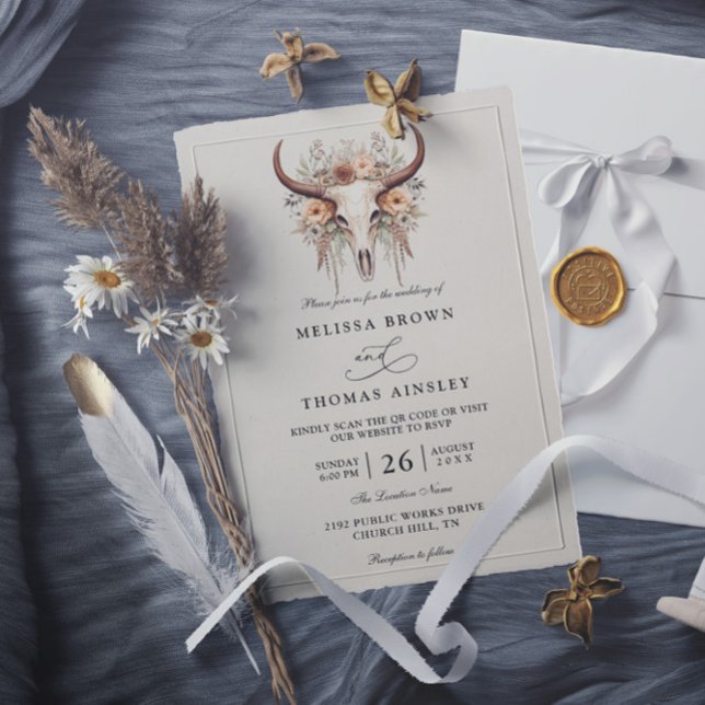 Invitation Boho Floral Cow Skull Western QR Code Wedding (Créateur téléchargé)