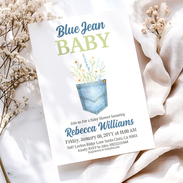 Invitation Boho Floral Denim Pocket Blue Jean Baby shower (Créateur téléchargé)