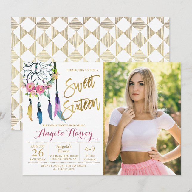 Invitation Boho Floral Dream Catcher Sweet 16 Anniversaire Ph (Devant / Derrière)