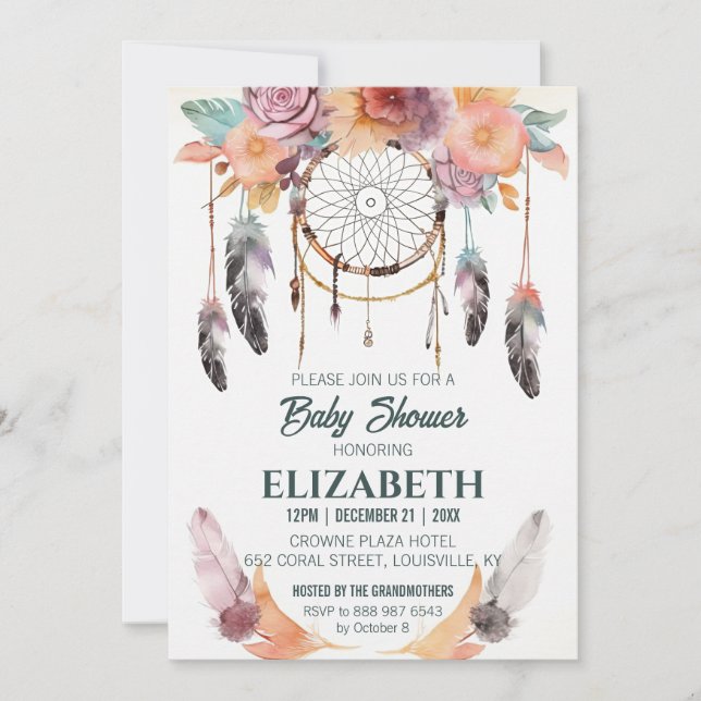 Invitation Boho Floral Dreamcatcher Idées de Baby shower (Devant)