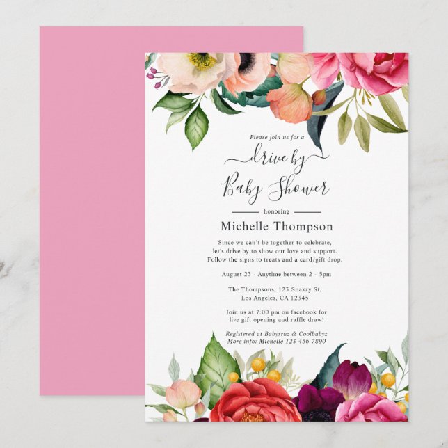 Invitation Boho Floral Drive Par la naissance ou le Baby show (Devant / Derrière)