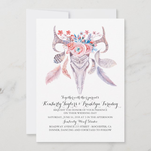 Invitation Boho Floral Feathers Deer Antlers Mariage (Devant)