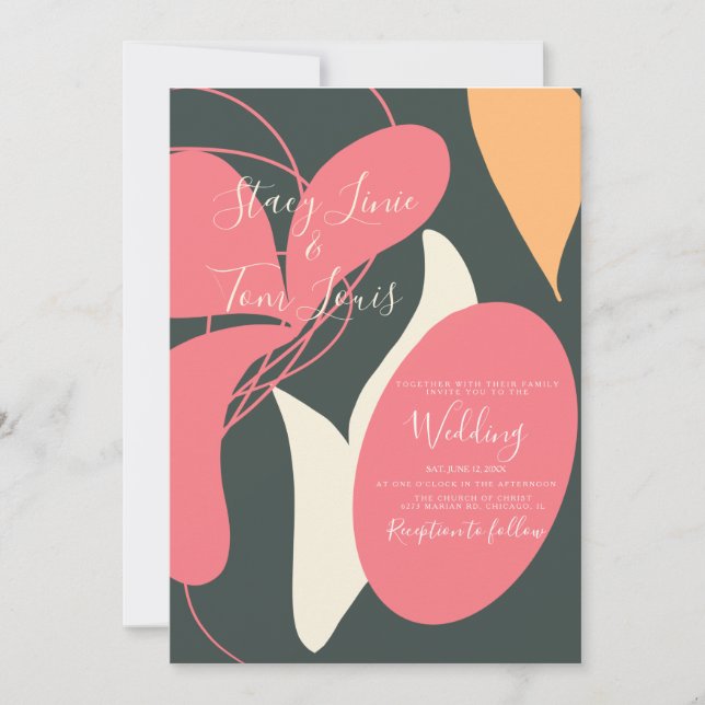 Invitation Boho Floral Formes organiques Mariage rose orange (Devant)